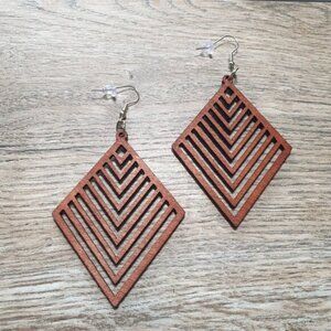Geometric Wooden Diamond Shaped Drop Earrings Chevron Hook Backing Boho Gift